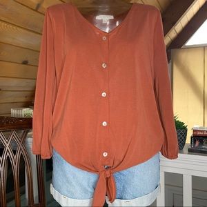 Rust colored button tie front blouse